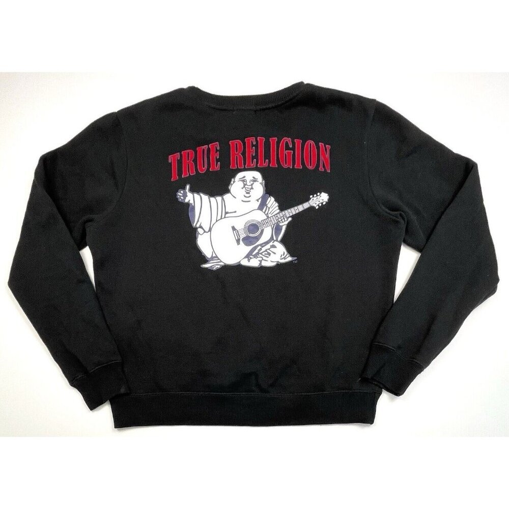TRUE RELIGION Womens MEDIUM Black Heritage Crewneck Sweatshirt Buddha Pullover